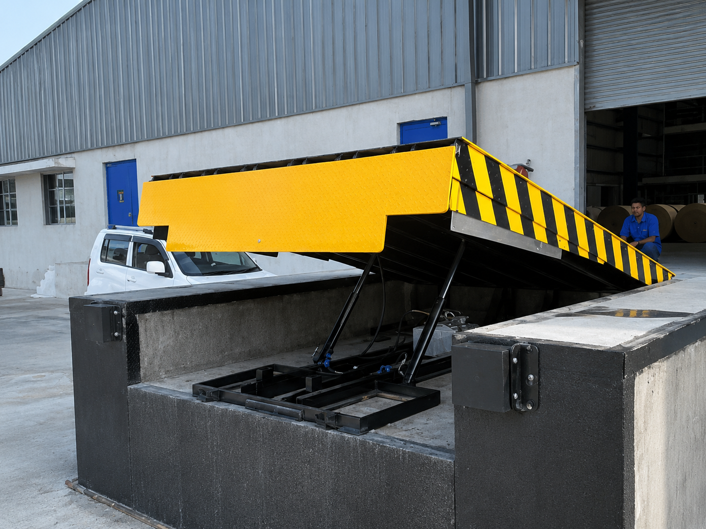 Dock leveler motorised drive and control installation — operational view